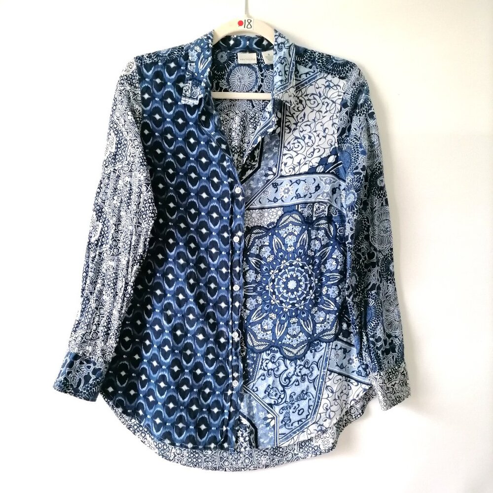 Westbound Womens Blue Collared Long Sleeve Patchwork Print Peasant Shirt Size S